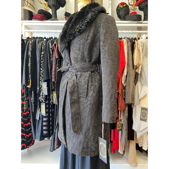 vintage y2k coat black brocade faux fur collar medium 1960s style gothic jacket - Picture 7 of 11